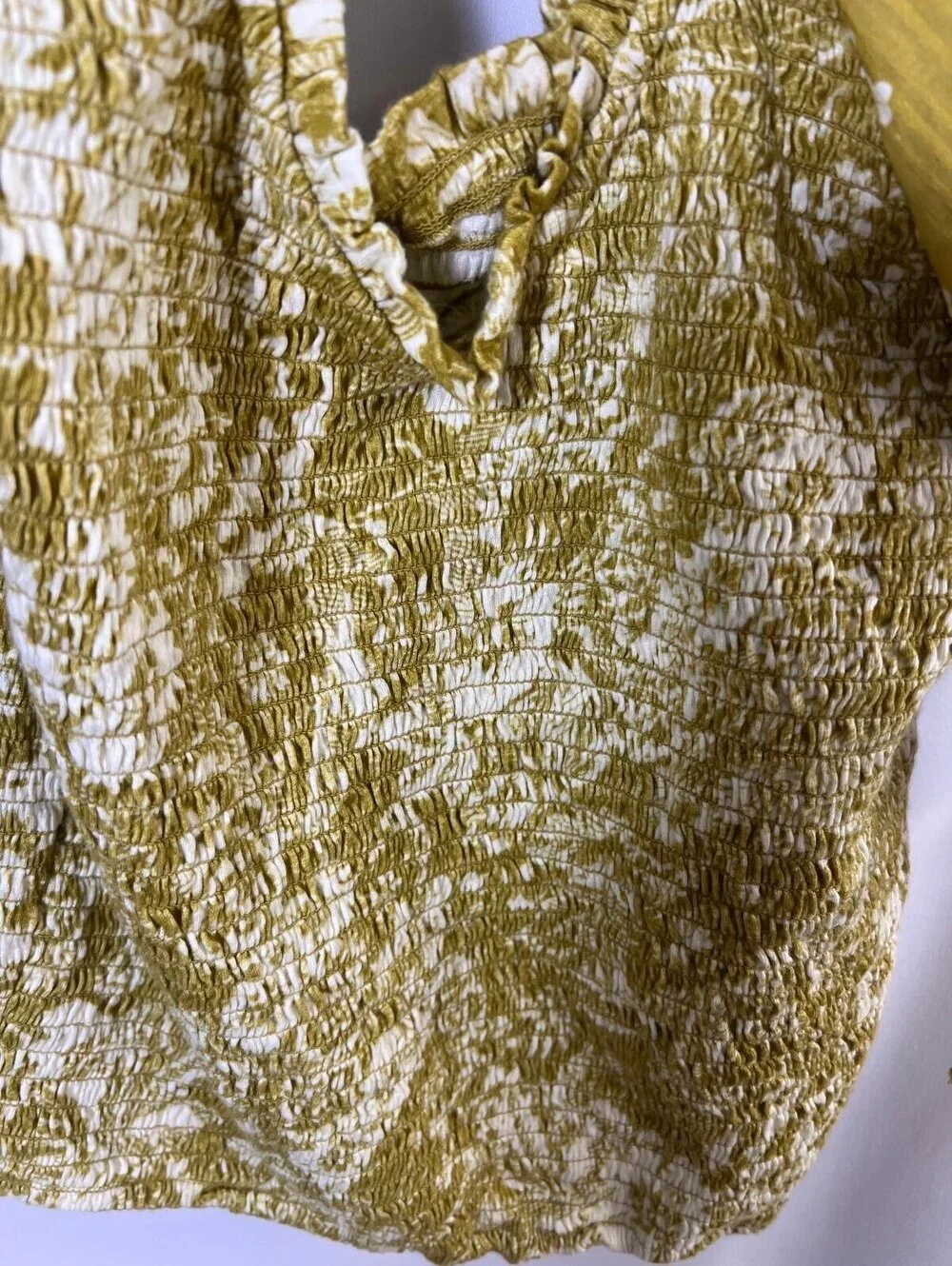 Anthropologie Floral Smocked Puff Sleeve Top Medium Mustard Yellow Boho